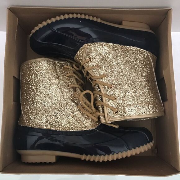 Sugar Duck Boots Women's Size 8 Gold Glitter & Navy Blue Lace-Up Shearling NIB - Picture 5 of 7